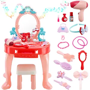 Toddler Makeup Table with Mirror and Chair Kids Vanity Set with Blowdryer for 3+