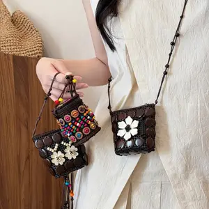 Funky Unique Accessories Bohemian Ethnic Style Handmade Woven Coconut Shell Mini Pouch - Retro Niche Coin Purse for Earphones, Lipstick Storage (Sports & Outdoor Gym Accessory)