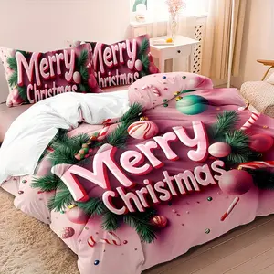 3pcs 3D Christmas Theme Bedding Set, Pink Christmas Letter Print Duvet Set (1 * Duvet Cover + 2 * Pillowcase Without Core), Super Soft Comfortable Breathable Duvet Set with Pillowcase for Bedroom Dorm Christmas Gift Home Decor