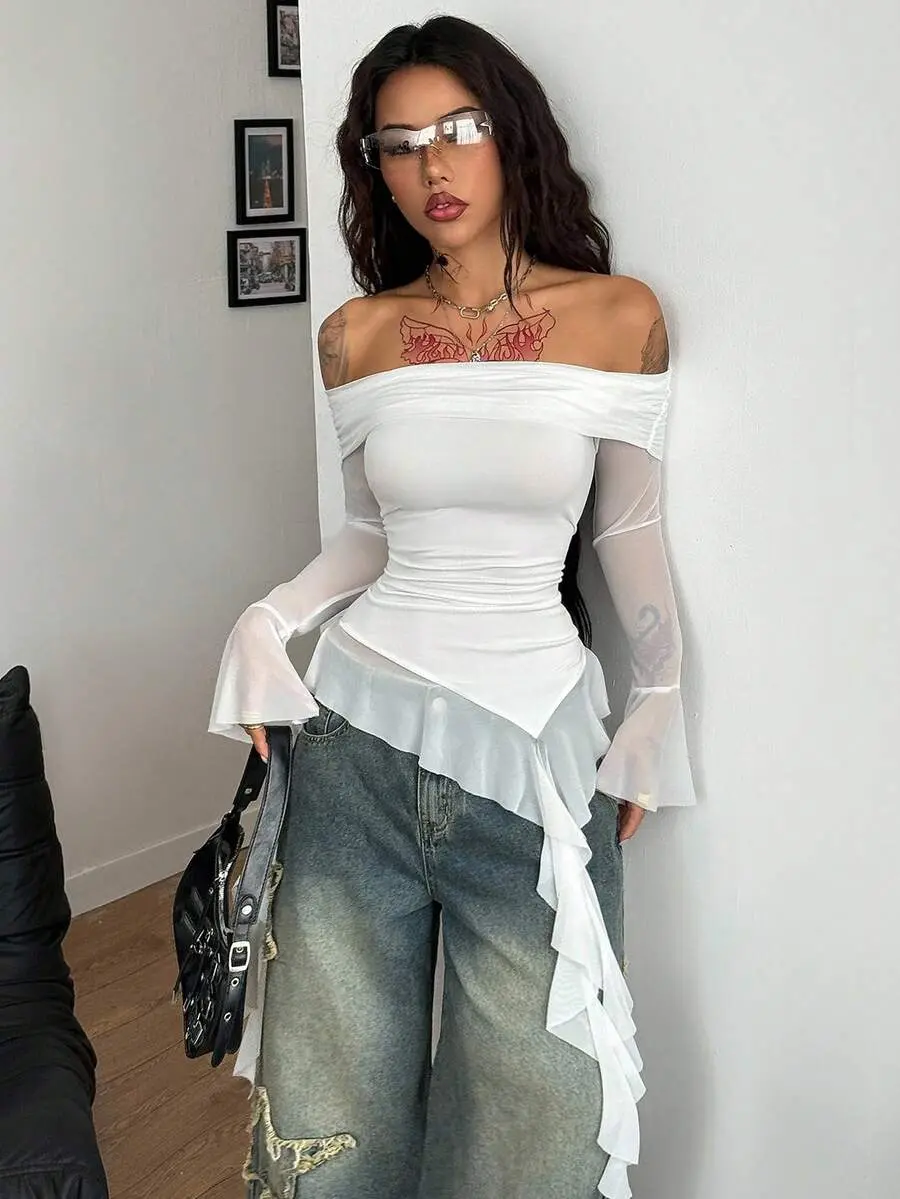 LUNA LAYER Womens White Off The Shoulder Ruffle Ribbon Long Sleeve Slim Fit Top Y2K Streetwear