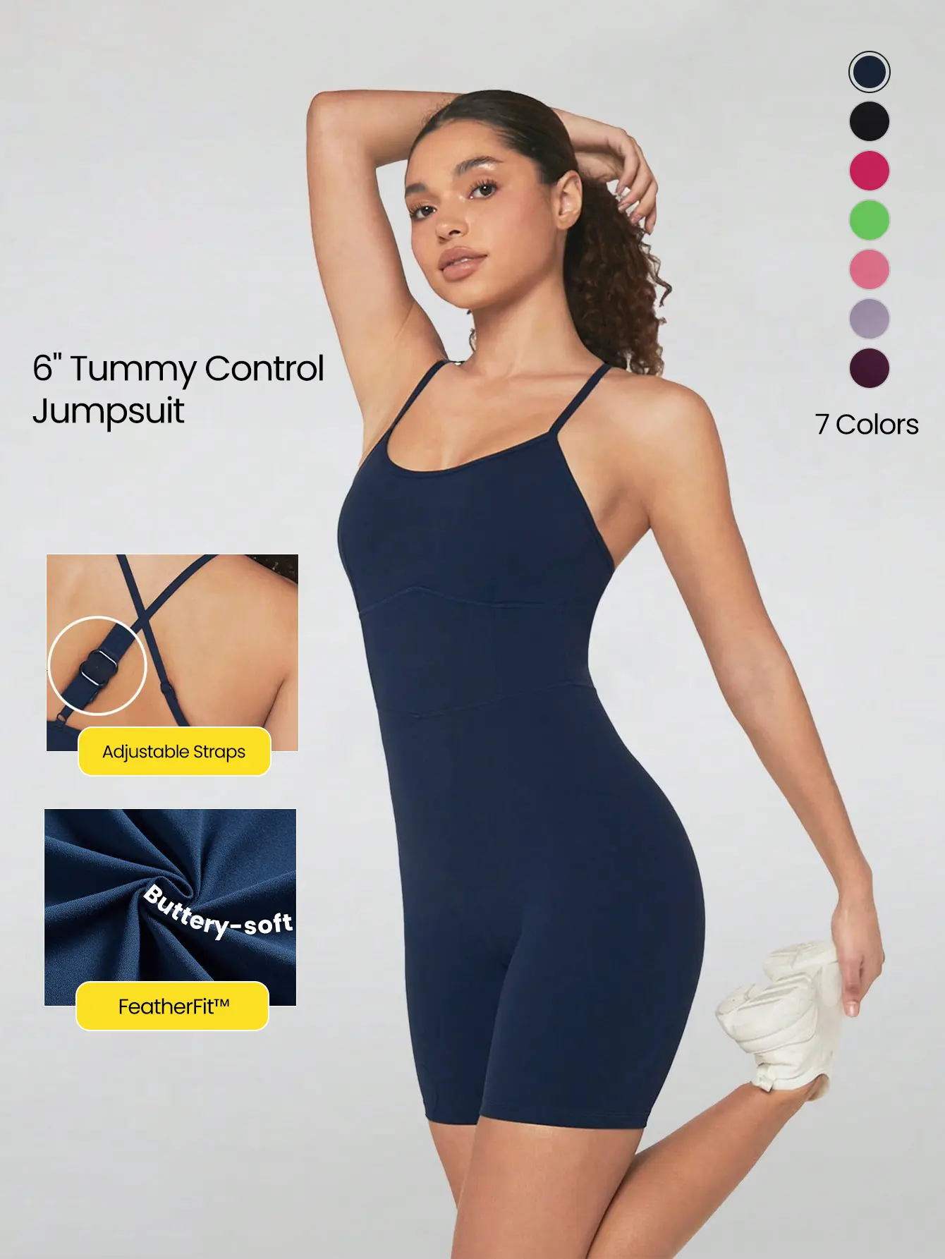 GLOWMODE  6" FeatherFit Tummy Control Adjustable Straps Sports Jumpsuit Low Impact Yoga Daily Summer