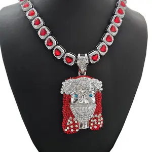 MaxBling81 Silver-Plated Smile Jesus Head Cubic Zirconia Large Long Pendant - 20" Chain Link, Bling Red Gemstone Heart, Daily Fashion Costume Jewelry Accessory (Cubic Zirconia Necklaces, Chain Link Necklaces)