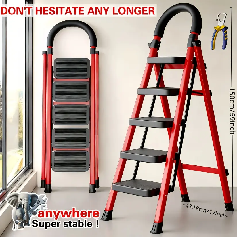 500lbs Load-bearing Folding Ladder | Heavy-duty Steel Step Stool with Anti-slip Wide Treads, Handrails, Safety Lock Design, Black and Red Color Scheme, Portable Multi-functional Ladder for Home and Kitchen  Quantity: Large red