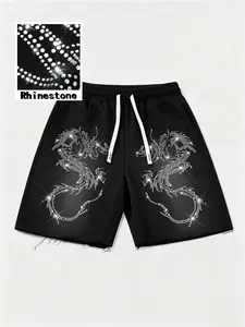 Men's Summer Casual Stretch Drawstring Gym Shorts, Dragon Rhinestone Design, Ideal for Summer Training and Outdoor Activities