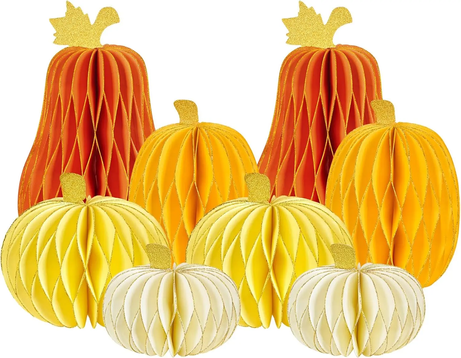 SUBBEAUTY 8-Count Pumpkin Honeycomb Centerpieces with Print Leaf Ornaments - Orange Home Decor for Fall Halloween Thanksgiving Party Table Decorations