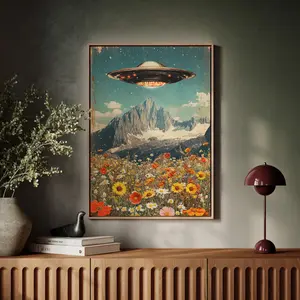 [SALE UP TO 40%] [Unframed] UFO Wall Art Vintage Alien Poster, Retro Sci Fi Spaceship Canvas, Mountain Wildflower Landscape, Surreal Outer Space Home Decor
