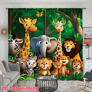 2D Flat 2Pcs Cartoon Animal Printed Curtain Panel, Cute Safari Jungle Theme Semi Sunshade Pole Pocket Window Curtains for Living Room Bedroom, Home Decor, Anti-Privacy, Accessory .