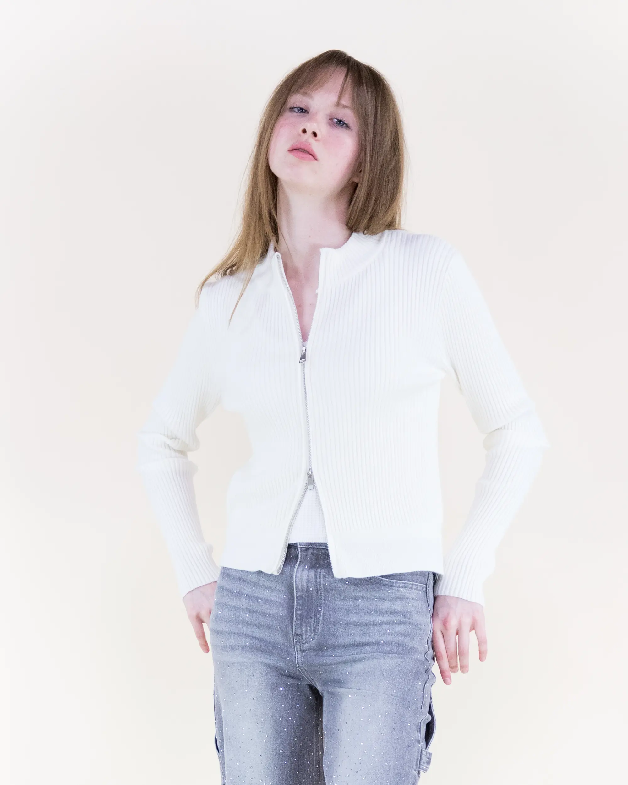 Original USA Women's Basic Solid Ribbed Knit Cardigan, Fitted Long Sleeve Top with Round Neck and 2-Way Zip-Up, Olive, Tops, Knitting