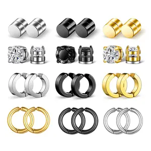 OIDEA 12 Pairs Stainless Steel Magnetic Clip On Earrings Cubic Zirconia Non-Pierced Stud Set for Men Women