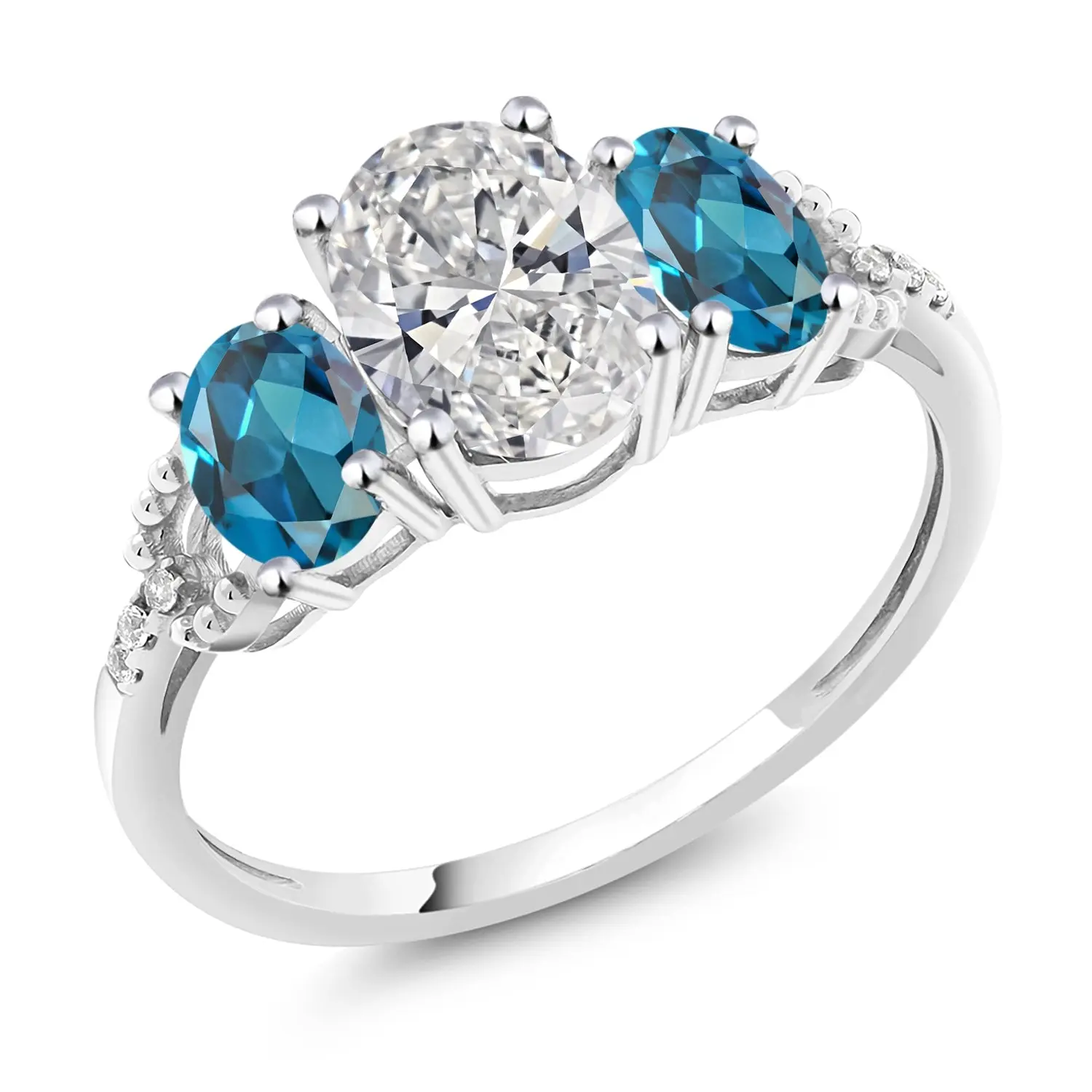Gem Stone King 10K White Gold White IGI Certified Lab Grown Diamond and London Blue Topaz 3-Stone Engagement Ring For Women | 2.76 Cttw | Center 1.5 Ct Diamond | D-E Color | VS1-VS2 Clarity