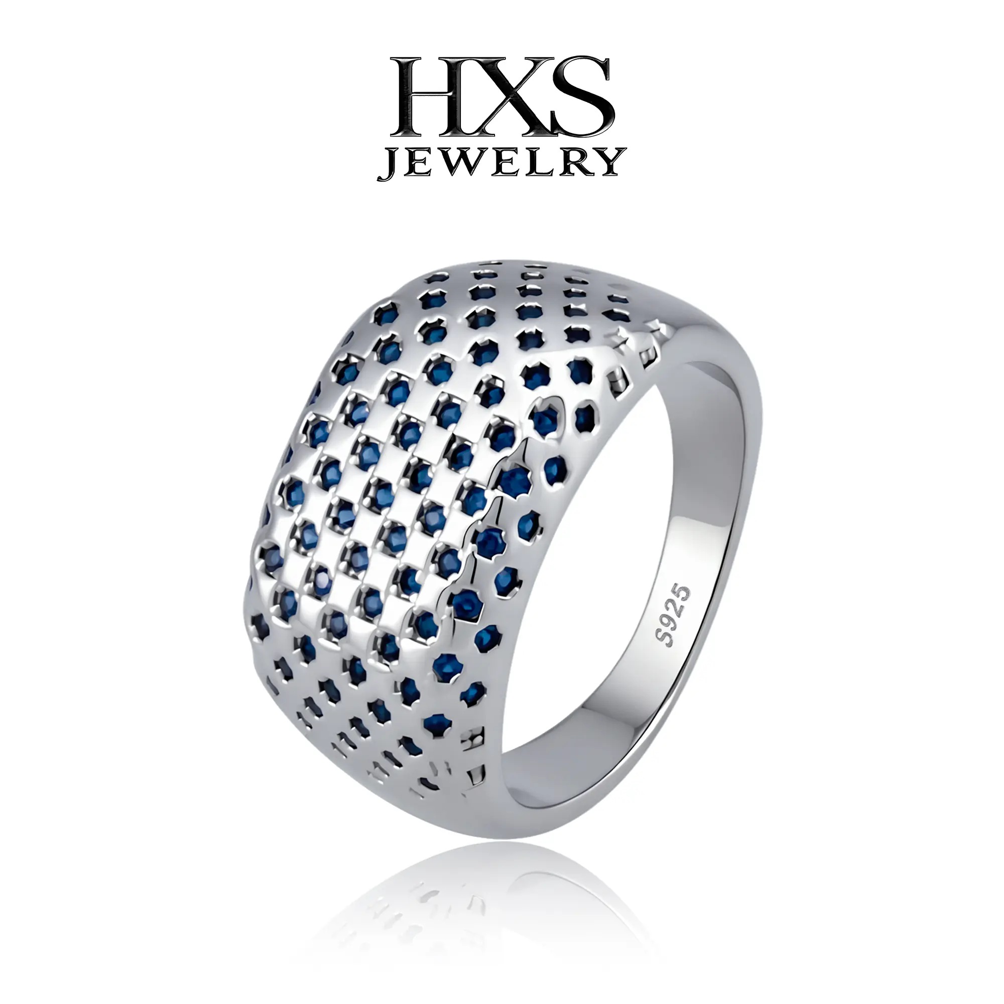 925 Sterling Silver Unisex Ring Wide Dome Pave Blue CZ Multi-Stone, Sparkling Statement Cocktail Ring with Grid Pattern, Solid Non-Adjustable Band, Stylish Artificial Gemstone Jewelry for Adults.