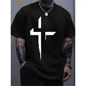Men's Casual Black Cotton TShirt Featuring Bold White Cross Print Crew Neck Slight Stretch Regular Fit Knit Fabric Ideal Summer Casual Wear