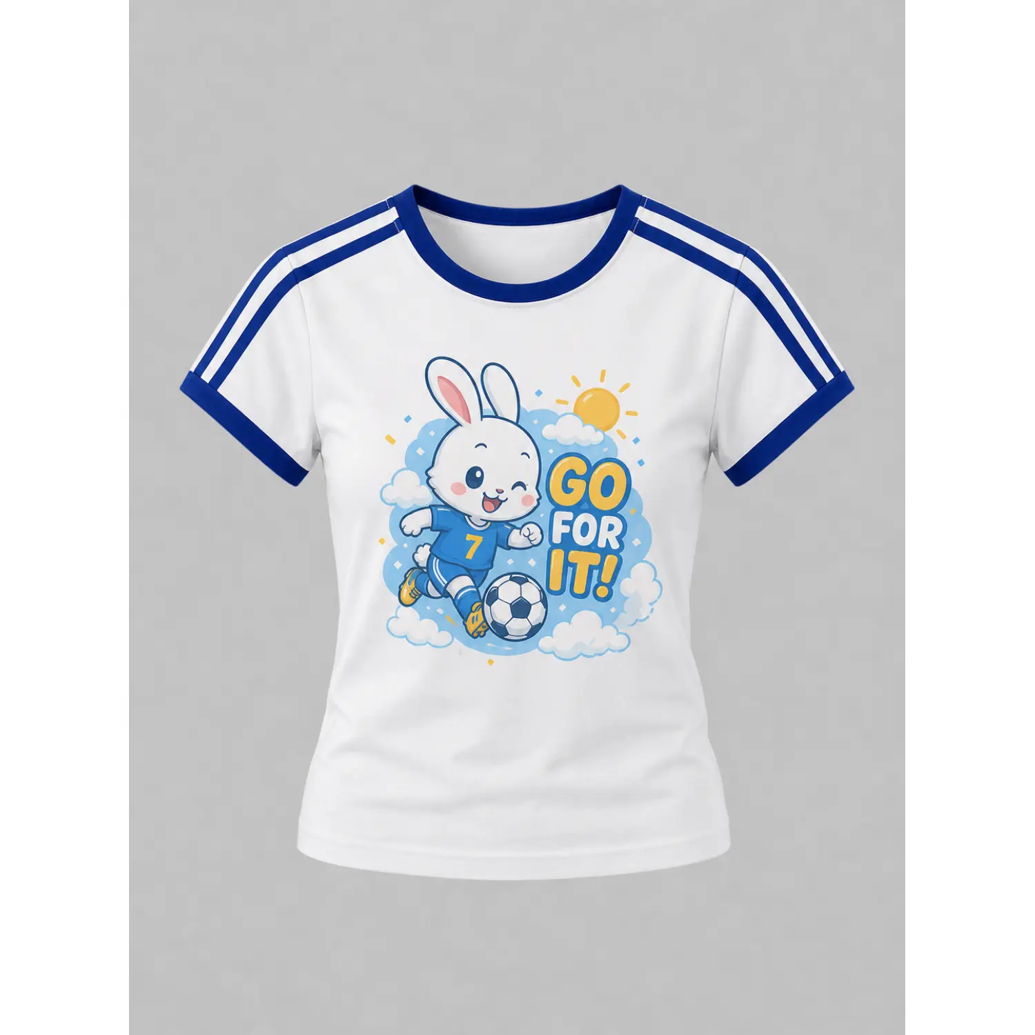 Women's White Soccer Jersey with Blue Trim and Playful Bunny Graphic