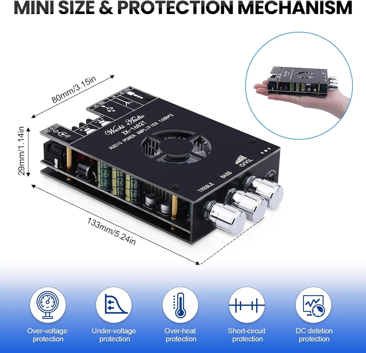 Audio Amplifier Board, ZK-1602T Bluetooth 5.0 Power Amp for Home