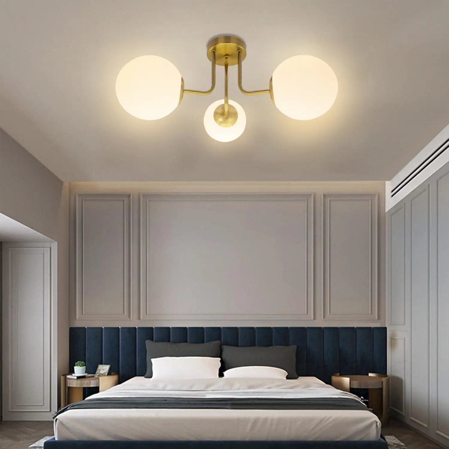 Nordic Bedroom Lighting Living Room Ceiling Light, Modern Hallway Three-Light Plastic Round Ball Lamp, Embedded Iron Art E27 Socket No Bulb Included