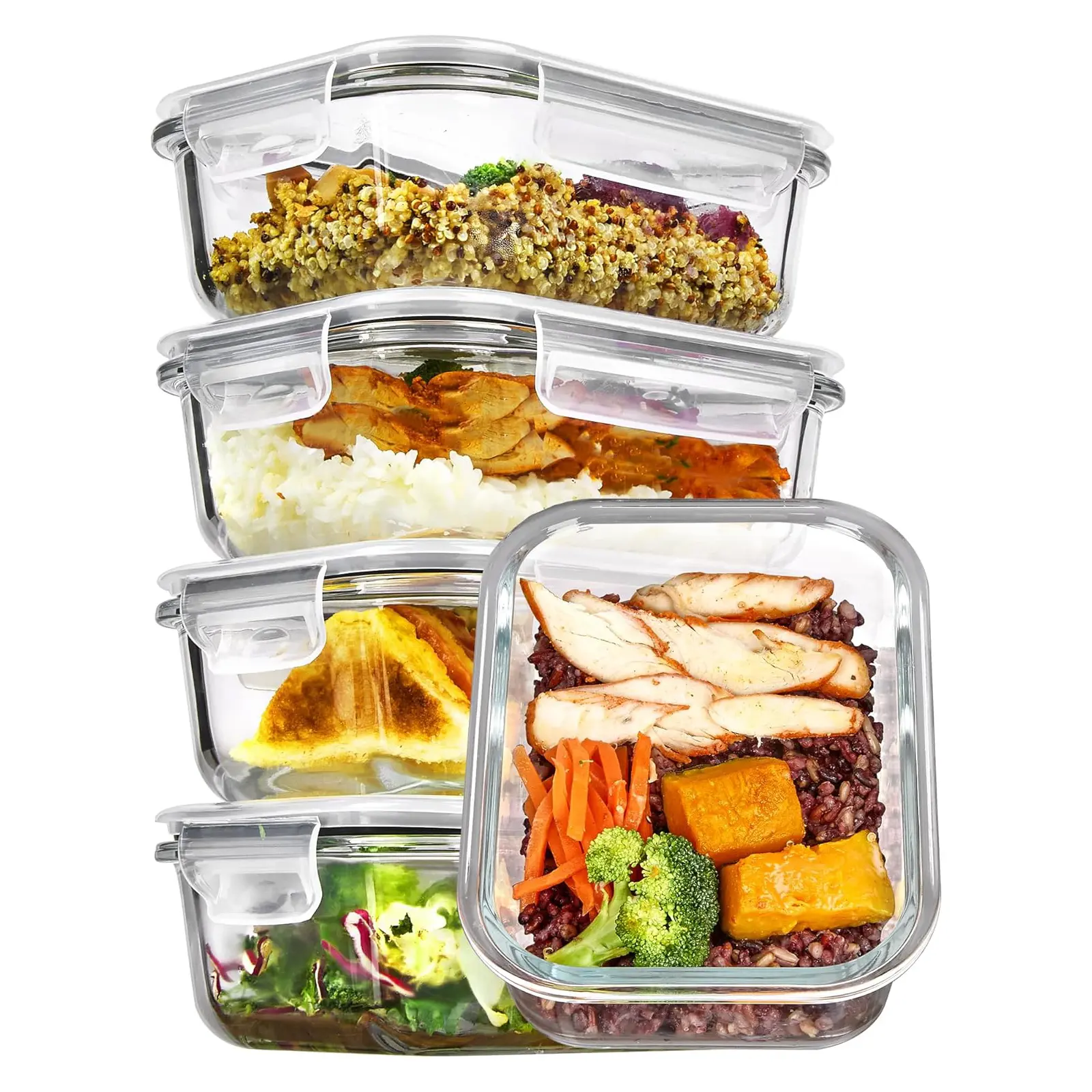 5Pack 22oz Glass Storage Containers with Lids, Grey | Glass Meal Prep Food Container Sets, Snap Airtight Lid, For Microwave, Oven, Freezer and Dishwasher, BPA Free