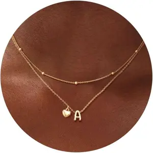 Gold Necklace for Women Layered Bubble Heart Letter Initial Necklaces for Women Trendy Jewelry 14K Gold Plated Chain Chunky Name Necklace Stack Charm A-Z Pendant Set Jewelry Gifts