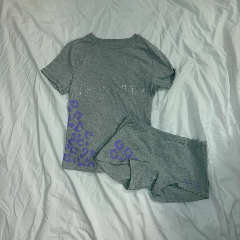 Women's Grey/Silver/purple Rhinestone Leopard Print Loungewear Streetwear Two-Piece Set Stylish Comfortable Lounge Wear with Glamorous Rhinestone Accents
