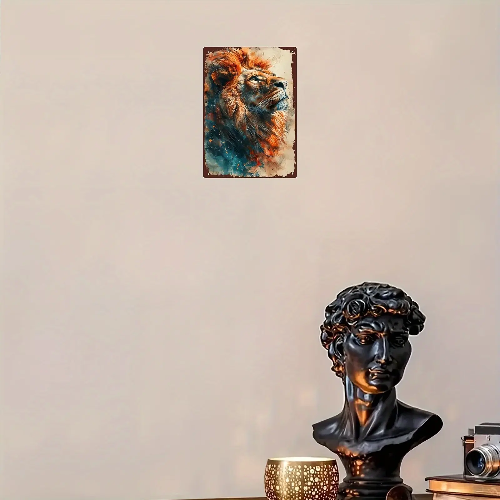 LionKingHeadPoster:WaterproofMetalLogoingWallArt-12"x8"-4CornerMountingHoles-SmoothRoundedCorners-IronMaterial-ArtisticRoomDecoration