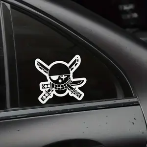 Pirate Skull Crossed Swords Car Decal, Anime Style Pirate Vinyl Sticker, Adventure Cartoon Window Bumper Sticker, Waterproof Laptop Tumbler Decor, Minimalist Black White Design