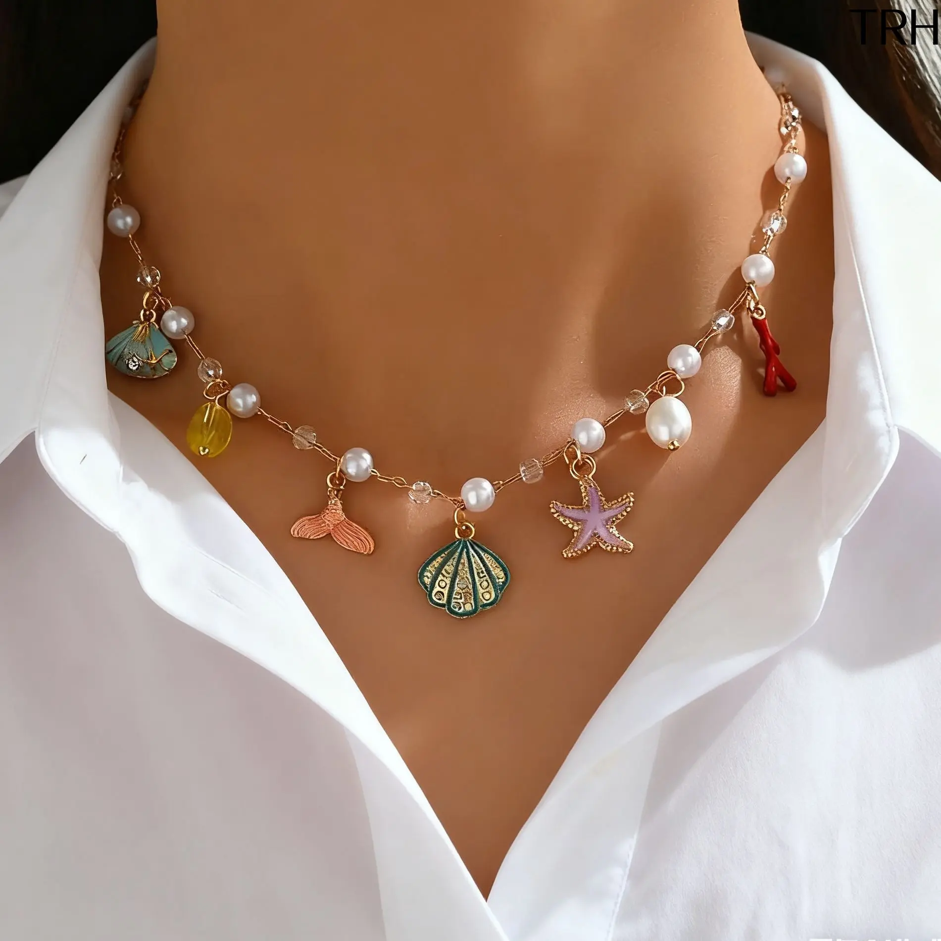Women's Ocean Theme Charm Choker Necklace - 37cm Main Chain, Pearl, Shell, Starfish, Mermaid Tail Pendants, Beach Aesthetic Adults' Dainty Daily Summer Neck Jewelry for Floral Dress Photoshoots, Mermaid Motif, Cute Charm, Assorted Enamel Shell, Baroque