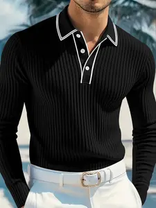 Men's New Casual Collared Long Sleeve Polo Shirt, Fashion Trendy Top, Fitted Plain Tee, Perfect Gift for All Seasons