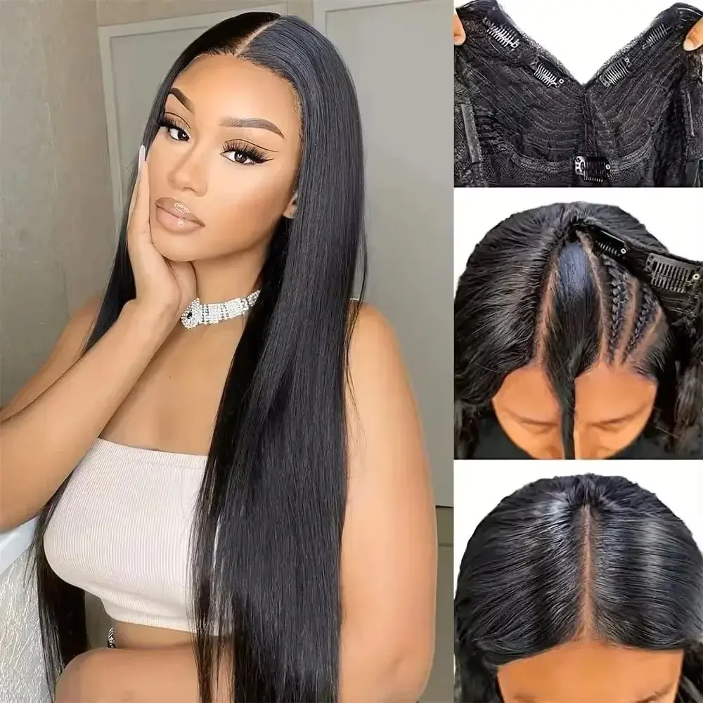 V Part Wigs Straight Human Hair Wig Upgrade U Part Human Hair Wigs with Drawstring No Leave Out No Sew Glueless Clip In Half Wig for Women