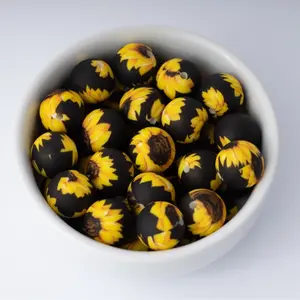 Sunflower Black Silicone Beads Printed Round Silicone Beads