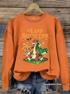 Women's Casual Dinosaur Letter Print Pullover Sweater, Soft Long Sleeve Round Neck Cartoon Print Sweatshirt, Comfortable Daily Wear