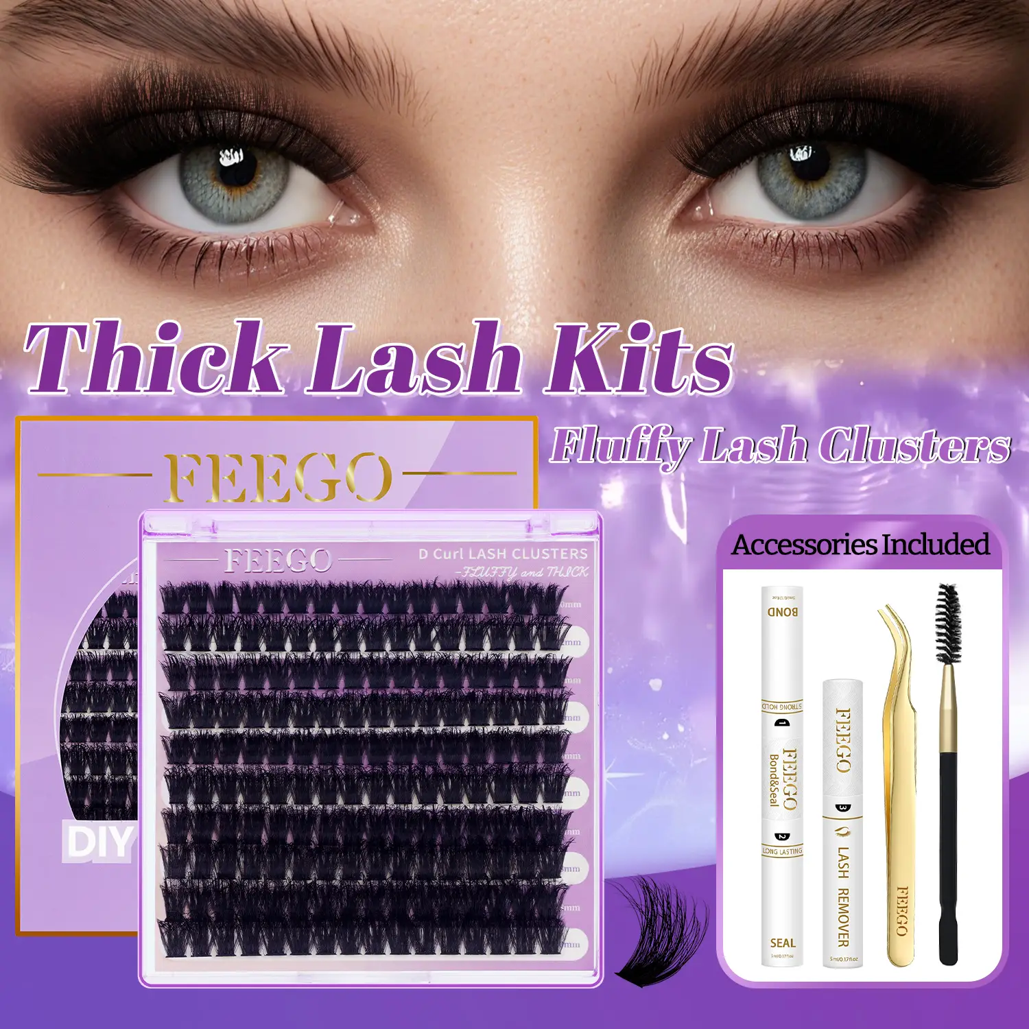 FEEGO Lash Extension Kit 200D 1020MM D Curl Lash Clusters Eyelash 160pcs Extension Kit Individual Lashes with Lash Bond and Seal Lash Remover Lash Ap
