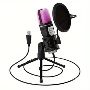 RGB Music Recording Studio Live Podcast Broadcasting Equipment Mic with Tripod, Lightweight Condenser USB Microphone, Anti-Noise LED Light