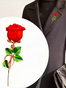1 Red Rose and Green Leaf Brooch, Flower Brooch - Festive, Joyful, and Elegant Fashion alloy neck accessory, perfect for dresses, sweaters, and jackets Birthday, Mother's Day, Teacher's Day, and Carnival gift
