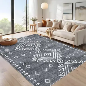 【GARVEE】Area Rug 8x10 Washable Rug Non Slip Vintage Rug for Living Room Tribal Distressed Thin Bedroom Rug Ultra-Soft Low Pile Accent Carpet Non-Shedding Aesthetic Rug for Office Farmhouse Dorm Gray