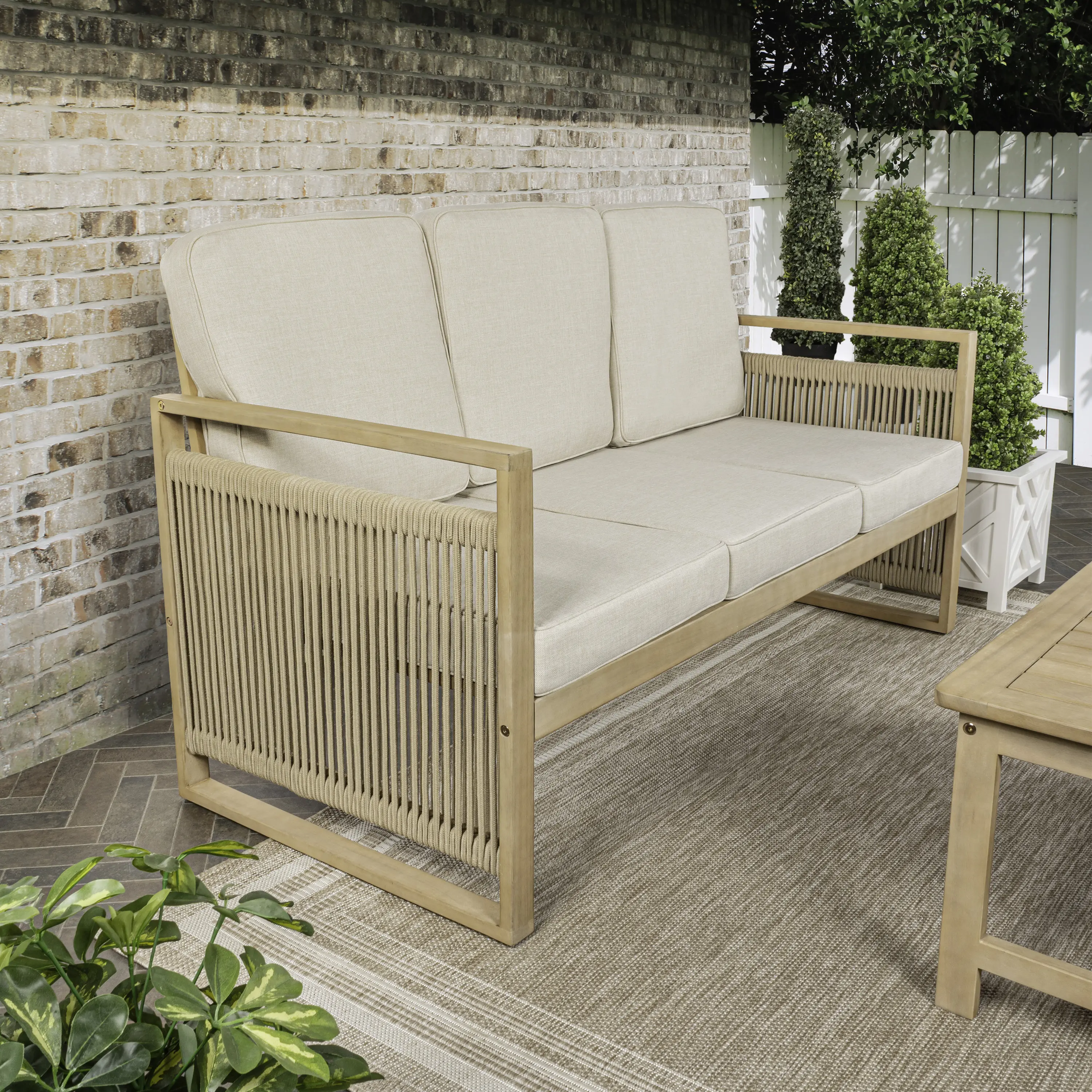 JONATHAN Y Gable 3-Seat Mid-Century Modern Roped Acacia Wood Outdoor Patio Furniture Sofa with Cushions, Patio Furniture Set