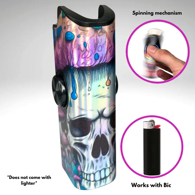 FLKR LYTR Skull-Mush Art Spinner Lighter Cover - BIC-Compatible Standard Size Holder, 2.35×1.04×0.63 In Secure Polypropylene Plastic Accessory, Spin-to-Light Mechanism, Soothing Stress Relief, Durable Protector for LYTR Users