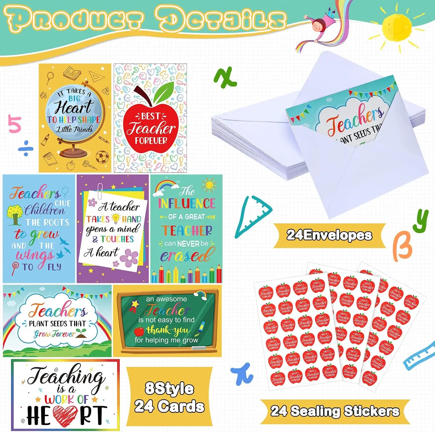 24-Pack Back to School Teacher Greeting Cards Bulk Set with Envelopes & Stickers for First Day of School Teacher Appreciation (Thank You)