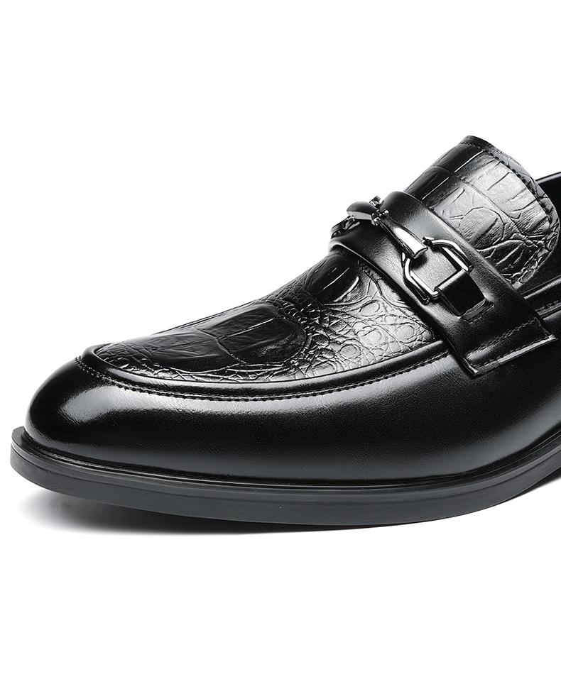 Men's Black Croc-Embossed Buckle Strap Loafers, Formal Slip-On Leather Shoes86392