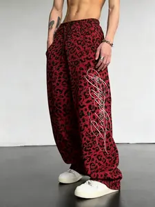 Y2K Red Leopard Print Loose Sweatpants｜Elastic Waist Casual Loose Pants, Fashionable, Street, Gothic, Hip-Hop Pants for Men and Women, Bold Leopard Print Aesthetic Daily Essential Outfit, Summer Fashion Item