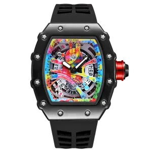 Men Fashion Watches Tonneau Graffiti Art Dial Skeleton Punk Hiphop Quartz Silicone Band Date Analog Wrist Watch for Men