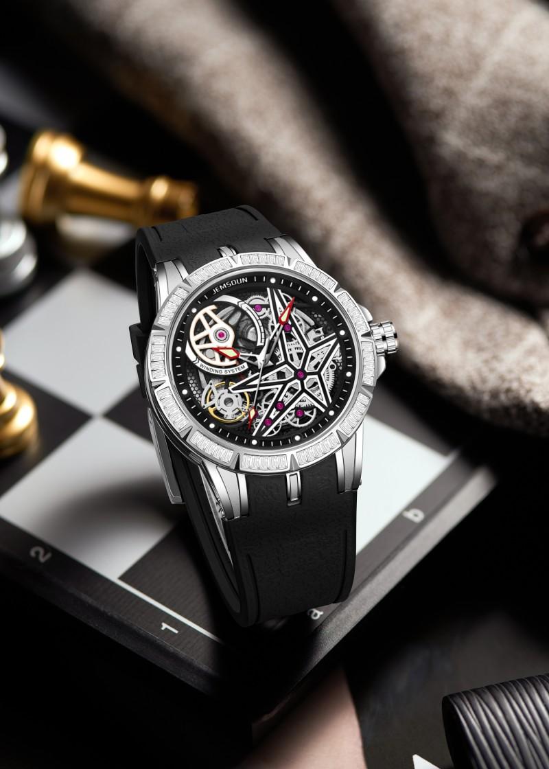 Luxury Skeleton Automatic Watch Diamond Bezel Black Rubber Strap