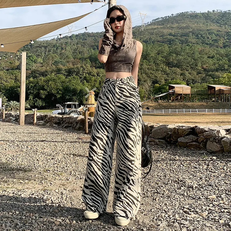 Women's Zebra Print Wide-Leg Denim Jeans - High-Street Casual High-End Long Pants for Sports & Outdoor Activities, Zebra Print#Long Pants, Straight, Wide-Leg Trousers, Streetwear, Bottom, Lady, Loose Fit, Wide Legs
