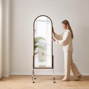 Bellemave Arched Full-Length Rubber Wood Frame Floor Mirror with Storage Shelves, Wheels, Rolling Cart - 2-in-1 Dressing Mirror & Bookcase for Bedroom, Living Room