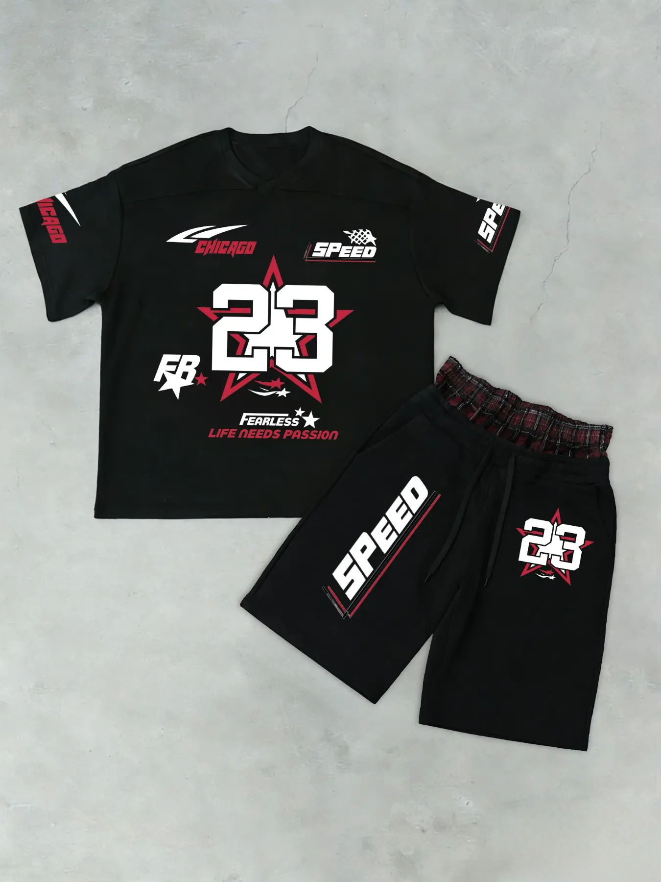 Unisex "23" Chicago Racing 2-Piece Set – T-Shirt & Shorts, Man, Black & Red/White Print, Motorsport Casual Streetwear Aesthetic, Lightweight Breathable Fabric, Relaxed V-Neck & Drawstring Waist Fit, Perfect for Racing & Street Style Fans