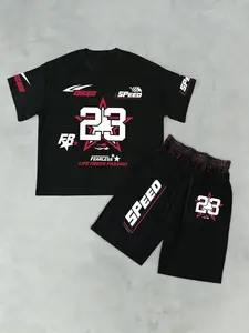 Unisex "23" Chicago Racing 2-Piece Set – T-Shirt & Shorts, Black & Red/White Print, Motorsport Streetwear Aesthetic, Lightweight Breathable Fabric, Relaxed V-Neck & Drawstring Waist Fit, Perfect for Racing & Street Style Fans