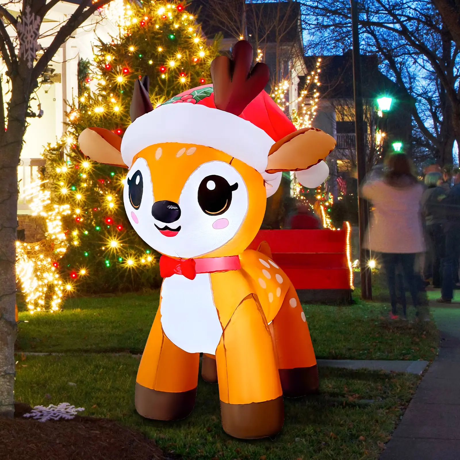 4.7 FT Inflatable Reindeer with LED Lights Built-in, Cute Reindeer Blow up Wearing Xmas Hat, Christmas Outdoor Decorations for Garden Patio Lawn Holiday Party Xmas