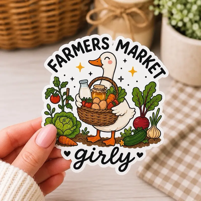Farmers Market Girly Goose Sticker | Cute Cottagecore Homestead Vinyl Decal | Farm Fresh Produce, Eggs & Honey Sticker