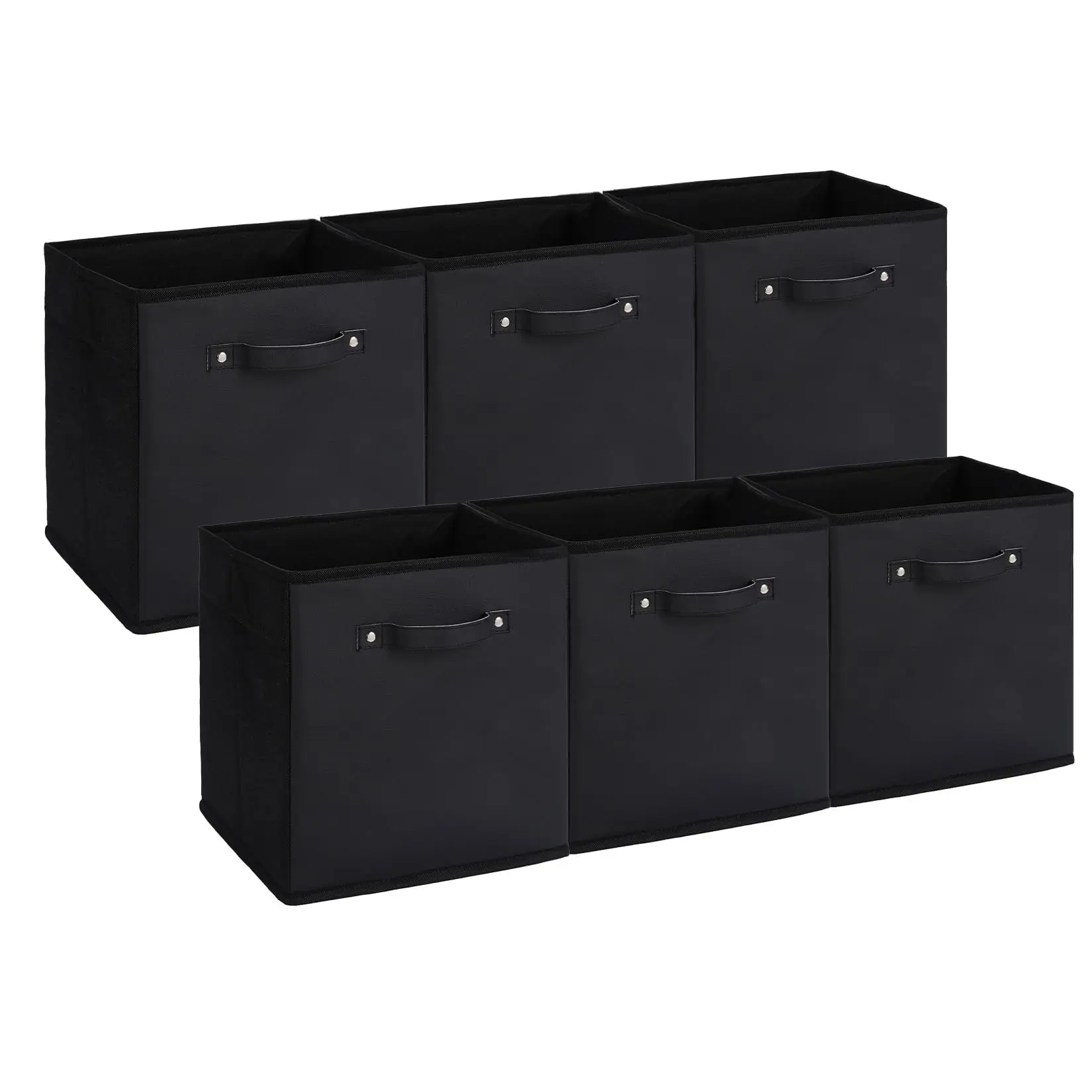 6-Pack 11 Inch Fabric Storage Bins with Faux Leather Handles, Foldable Cube Organizer Baskets for Shelves and Closet, Collapsible Storage Boxes for Clothes Toys, Black