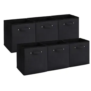 6-Pack 11 Inch Fabric Storage Bins with Faux Leather Handles, Foldable Cube Organizer Baskets for Shelves and Closet, Collapsible Storage Boxes for Clothes Toys, Black