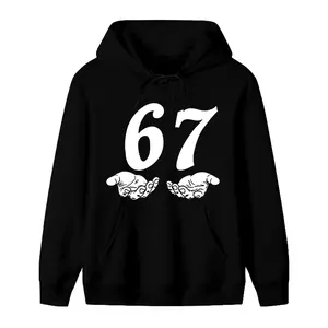 Man's Black Hooded Sweatshirt with Number 67 Hands Print, Casual Streetwear Pullover, Regular Fit Long Sleeve Hoodie, Fall Winter Holiday Gift, Unisex Apparel