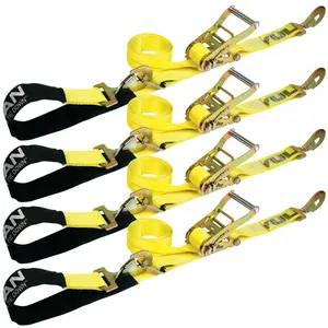 VULCAN Axle Tie Down Combo Strap with Snap Hook Ratchet - 2 Inch x 114 Inch - 4 Pack - Classic Yellow - 3,300 Pound Safe Working Load Webbing